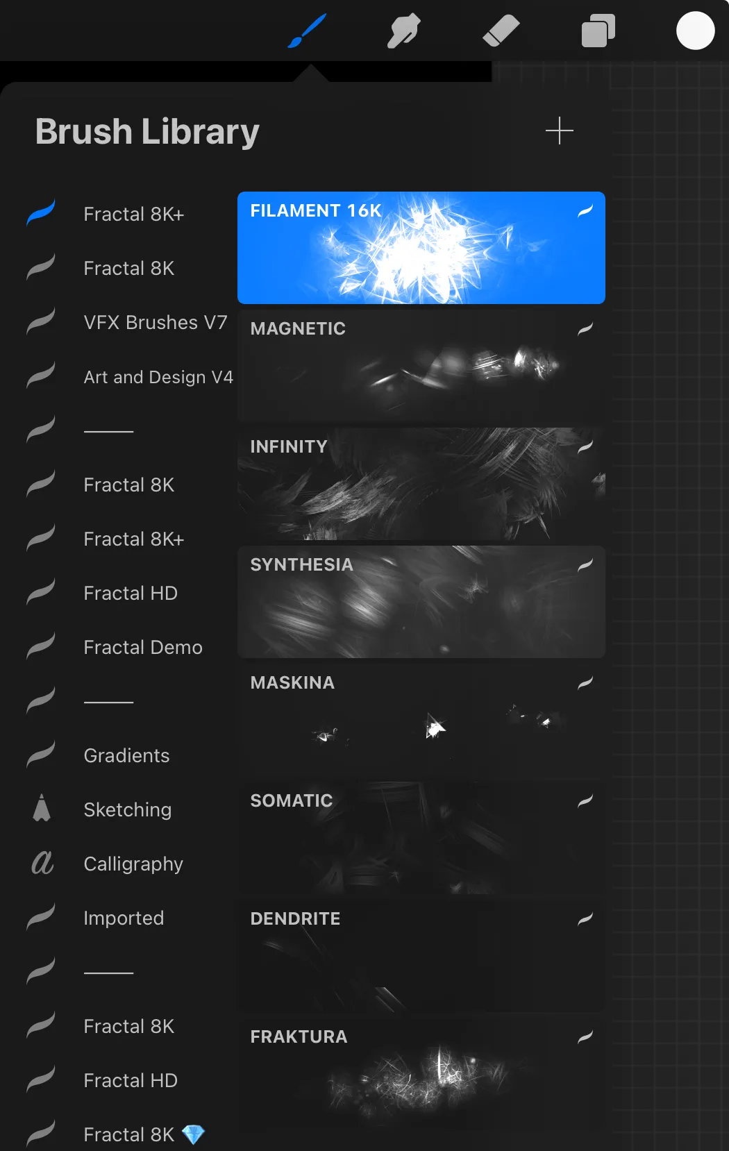 Default Procreate brush thumbnails